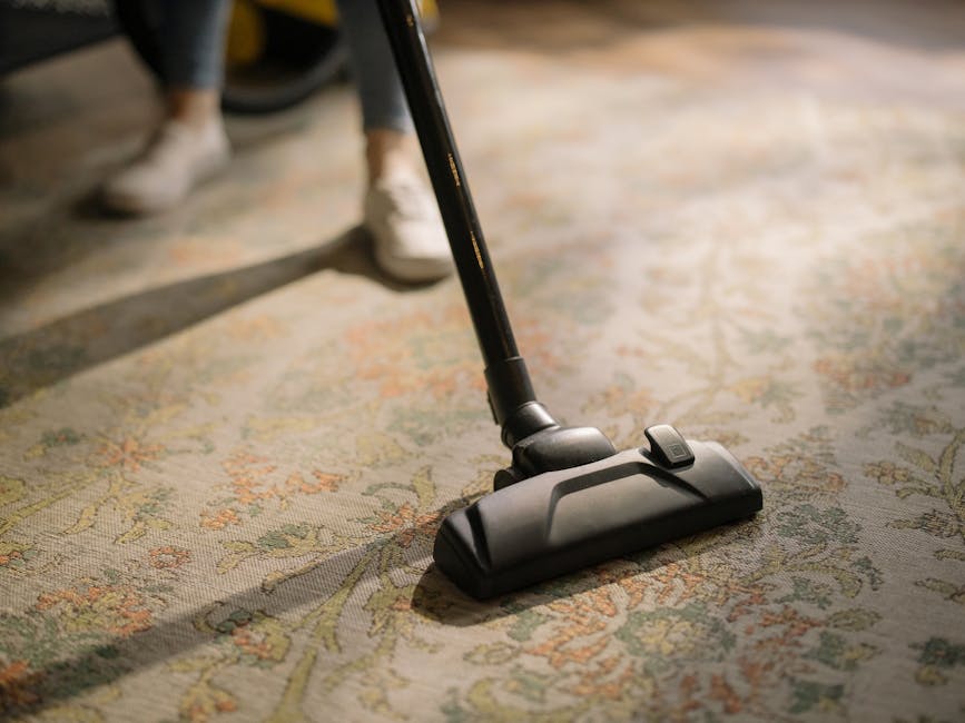 Close-up of a vacuum cleaner head actively cleaning a patterned wool or polyester area rug in a residential living room. The rug features intricate floral motifs in muted pastel shades, and appears clean and well-maintained. The vacuum cleaner has a black and grey body, with a matte finish, and a long black hose extending from its handle. The room is brightly lit, with natural light casting shadows on the rug, and a person's white sneakers are partially visible in the background, suggesting an ongoing cleaning session. This image exemplifies surface cleaning to maintain hygienic, spotless carpets, aligning with Acton Carpet Cleaning's domestic cleaning services near Acton Town station.